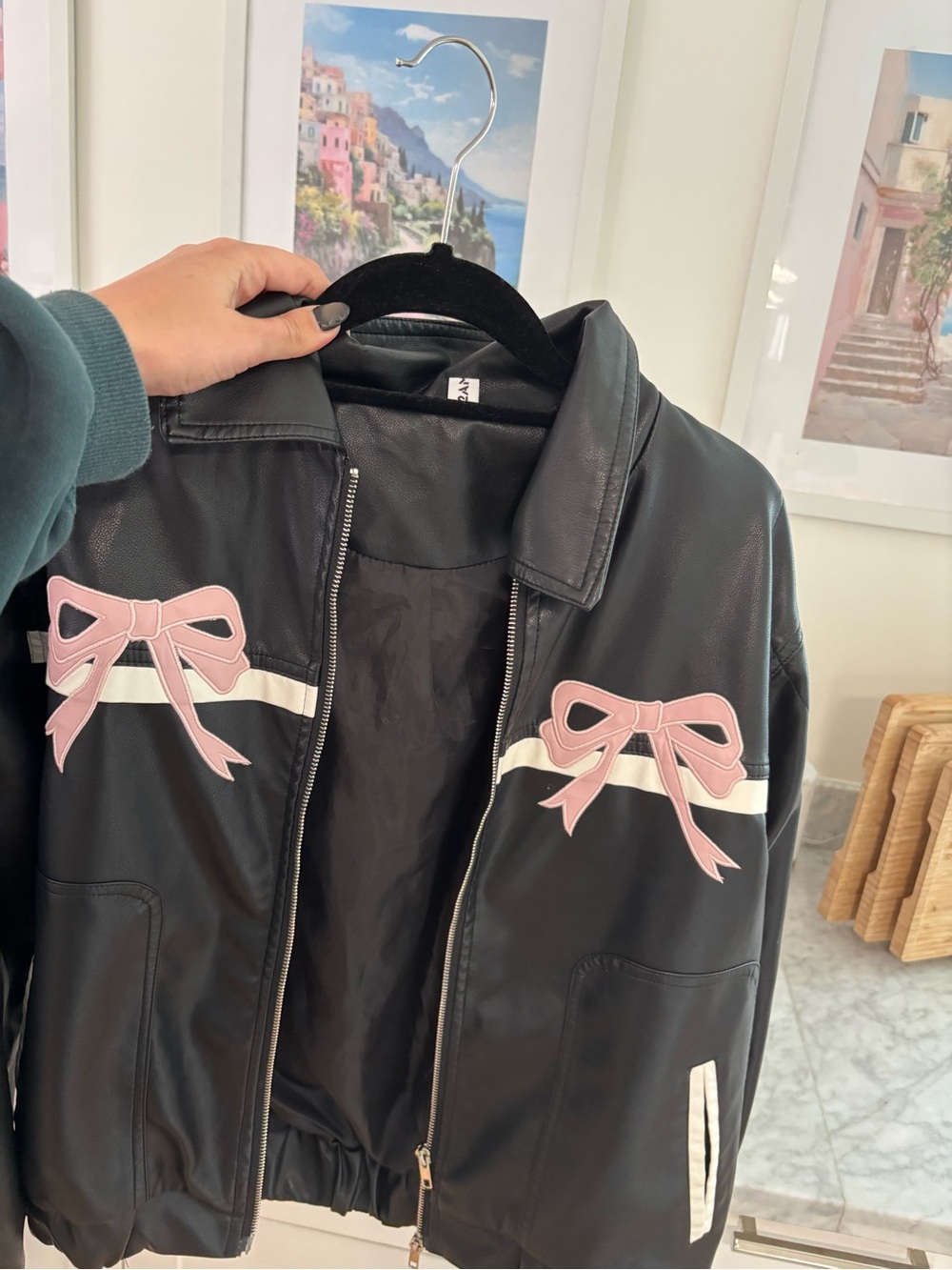Black Faux Leather Bomber with Pink Bow Appliqués